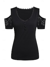  Damen T Shirt Spitzenreiter ausgehen Schwarz Glatt Spitze Ausgeschnitten Kurzarm Casual Wochenende Basic Schulterfrei Standard S