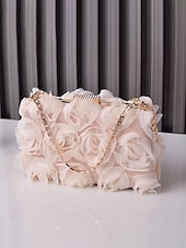 billige Aftenvesker-Elegant dameclutch med blomstermotiv, 3D-blomster og gullkjede, sofistikert håndveske til bryllup, cocktail og spesielle anledninger for damer.
