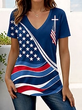  día de la independencia americana Mujer Camiseta Estampado Graphic Letra Bandera estadounidense Vintage Elegante Clásico Manga Corta Escote en Pico Tops regulares Casual Diario Azul Piscina Verano