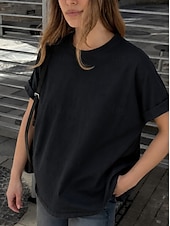 cheap Plain tee-Women's T Shirt Tee Top Rolled Cuff Curved Hem Solid Color Stylish Classic Short Sleeve Crew Neck Regular Tops Casual Going out Black White Pink Gray Summer Spring