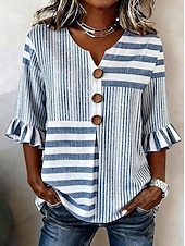 economico Bluse a righe e geometriche-Per donna Camicia Camicia Boho Camicia casual Grafico A righe Elegante Bohemien Attivo Manica 3/4 Scollo a V Top lunghi Casuale Bianco e blu nero+bianco+verde Blu scuro Azzurro Estate Primavera