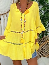 baratos Blusas Simples-Mulheres Blusa Renda Côr Sólida à moda Básico Casual Manga Longa Decote V Tops regulares Casual Diário Praia Branco Amarelo Vermelho Marron Verão Primavera Outono
