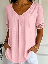 billiga Enkel t-shirt-Women's T Shirt Lace Solid Color Vintage Stylish Casual Short Sleeve V Neck Regular Tops Casual Daily Blue White Pink Purple Summer Spring
