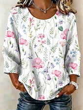 abordables Chemises-Femmes Chemises effet lin Chemisier Imprimé Fleuri Graphique Bohème ancien Tropical Manche 3/4 Col ras du cou Hauts Réguliers Occasionnel Quotidien Vêtements de vacances Vert herbe Rose Claire Violet