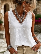 preiswerte Spitzenoberteile-Damen Hemd Spitzenbesatz Einfarbig Elegant Bohemien Urlaub Ärmellos Dreiviertelarm V Ausschnitt Normale Oberteile Lässig Täglich Ferien Weiß Sommer Frühling
