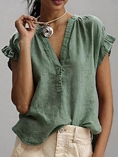 economico Bluse Semplici-Per donna Blusa Camicia in finto lino Volant Tinta unica Quotidiano Elegante Essenziale Manica Corta Scollo a V Top lunghi Casuale Quotidiano Bianco Cachi Rosa Verde Estate Primavera