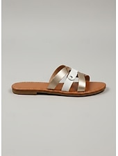 cheap Slide Sandals-Women's Snake Print Strappy Sandals with Metallic Accents - Casual Flat Summer Sandals for Beach and Everyday Wear