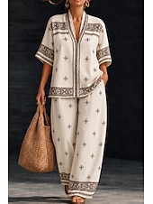  Per donna Camicia Set di biancheria in cotone Set di Pantaloni Manica Corta Scollo a V Floreale Grafico Geometrico Stampato Vacanza Moda Streetwear Casuale Quotidiano All'aperto Bianco Primavera