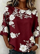 economico Bluse Floreali-Per donna Blusa Stampato Floreale Grafico Bohemien Vintage Tropicale Manica 3/4 Girocollo Top Regolari Casuale Quotidiano Abbigliamento da vacanza Blu Rosa Rosso Verde Estate Primavera Autunno Inverno