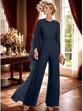 cheap Mom's Jumpsuits-Jumpsuit Pantsuit Floor Length Mother of the Bride Dress 3/4 Length Sleeve Crew Neck Elegant Simple Minimalist Formal Wedding Guest Chiffon with Ruched