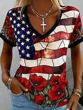  American Independence Day Women's T Shirt Print Graphic Letter American Flag Stylish Classic Casual Short Sleeve V Neck Regular Tops Casual Daily Blue Light Beige Black Red / Blue White+Blue Summer