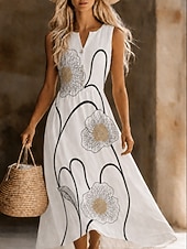 cheap Casual Dresses-Women's Midi Dress Sundress White Dress Summer Dress Vacation Casual Semi Formal Daily Home Outdoor Regular Fit Floral Graphic Abstract Sleeveless V Neck White Beige Summer Spring