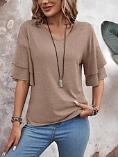 abordables T-shirt uni-Femmes T-shirt Élégant Manche Courte Manche Volants Col en V Hauts Réguliers Occasionnel Noir Blanche Rose Claire bleu marine Chameau Été Printemps