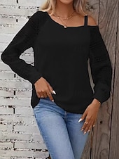 Dam Spets toppar Lappverk Knappar Ensfärgat Elegant Stylish Grundläggande Långärmad Asymmetrisk Vanliga toppar Ledigt Svart Vit Vår
