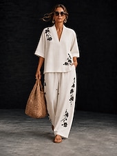 cheap Women's Blouse Suits-Women's Shirt Cotton Linen Sets Pants Sets Short Sleeve Half Sleeve V Neck Floral Graphic Geometric Print Vacation Fashion Streetwear Casual Daily Outdoor Black White Ivory Spring &amp; Summer Loose Fit