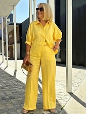 baratos Women's Blouse Suits-Women's Shirt Pants Sets 3/4 Length Sleeve Shirt Collar Solid Color Fashion Streetwear Casual Daily Outdoor Blue Yellow Pink Spring &amp; Summer Loose Fit