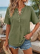 baratos Blusas Simples-Women's Shirt Casual Shirt Vacation Vintage Fashion Short Sleeve V Neck Crop Tops Casual Khaki Black White Yellow Pink Summer Spring