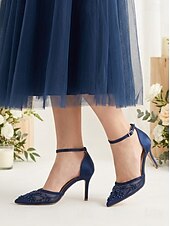 baratos Convidado do casamento-Sapatos de salto agulha bordados em azul marinho para mulheres – elegantes sapatos de festa com tira no tornozelo.