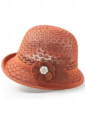 baratos Chapéus Femininos-Chapéu bucket feminino dobrável em poliéster respirável – chapéu de sol de verão com flor decorativa e pérola, multicolorido, elegante para uso externo, jardim, praia e férias.