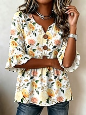  Mujer Blusa Botones Estampado Floral Graphic Vintage Elegante Moderno Media Manga Escote en Pico Tops regulares Casual Diario Azul Piscina Amarillo Morado Verano Primavera
