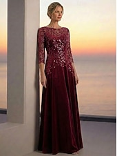 preiswerte Bodenlänge-A-Linie Kleid Bodenlang Knöchellänge Cocktailkleid Brautmutterkleid Langarm Illusionsausschnitt Elegant luxuriös Glanz &amp; Glamour Formell Hochzeitsgast Semi-Formal Tüll Samt mit Perlenstickerei