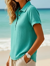 Women's Cotton Linen Shirts T Shirt Buttons Solid Color Bohemia Vintage Short Sleeve Shirt Collar Regular Tops White Green Light Blue Summer Spring