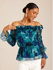 economico camicie, top e camicette-top in chiffon fluente Ocean Bloom Reverie