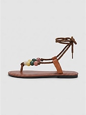 abordables Vrouwen-Women's Boho Lace-Up Sandals - Stylish Brown Flat Gladiator Sandals with Colorful Beads &amp; T-Strap for Outdoor Vacations, Tropical Beach Travel &amp; Summer Festivals