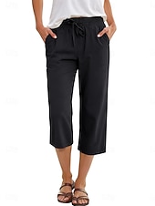 abordables jambe large et taille haute-Femmes Coton Pantalon capri Pantalons à jambes droites Mode Streetwear Occasionnel Longueur mollet Taille haute Uni Avec Poches Ceinture Élastique Confortable Doux Élastique Extérieur Vacances Rue