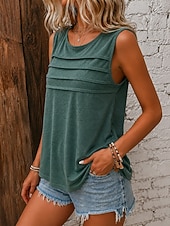 cheap Plain tee-Women's Tank Top Casual Round Neck Ruched Detail Sleeveless Regular Tops Daily Black Green Khaki Summer Spring