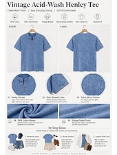 billige Enkle bluser-softfade™ dameskjorte i 100 % bomull, henley, vintage, mote, stilig, kortermet, vanlige topper, avslappet, strand, blå, khaki, svart, lilla, oransje, vår