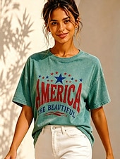 abordables Día de la Independencia Top-día de la independencia americana Mujer 100% Algodón Camiseta Tops lavados estilo vintage Estampado Graphic Letra Vintage Moda Elegante Manga Corta Cuello Barco Tops regulares Casual Diario Azul