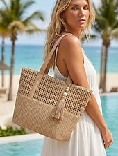 economico Borse da viaggio per vacanze-Borsa tote da donna in stile bohémien intrecciata, borsa a tracolla capiente color kaki beige da spiaggia con ciondolo a nappina, ideale per vacanze al mare, viaggi e abbigliamento casual quotidiano.