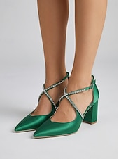 preiswerte Pumps mit Blockabsatz-Smaragdgrüne Satin-Pumps mit Blockabsatz – elegante Schuhe mit Strassriemen für Cocktailpartys und Abendveranstaltungen