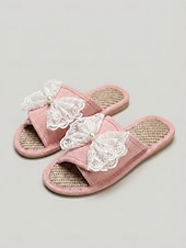 cheap Women's Slippers &amp; Flip-Flops-Women's Pink Linen Open-Toe House Slippers - Breathable Magic Tape Indoor Slides with White Lace Bow &amp; Pearl Decor, Non-Slip Soft Sole Casual Slippers for Wide Swollen Feet, Bedroom, Spa &amp; Daily Wear
