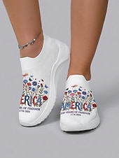  hvite slip-on-sneakers med patriotisk bukett til dame – lette, blomsterprintede tursko til uavhengighetsdagen, parade og sommerfestivaler &uformelt streetwear