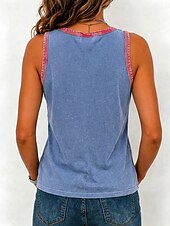 abordables Réservoir Simple-Femmes Coton lavé 100% Coton Débardeur caraco Patchwork Boutons ancien Sans manches Hauts Réguliers Bleu Été Printemps