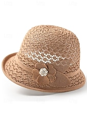 baratos Chapéus Femininos-Chapéu bucket feminino dobrável em poliéster respirável – chapéu de sol de verão com flor decorativa e pérola, multicolorido, elegante para uso externo, jardim, praia e férias.