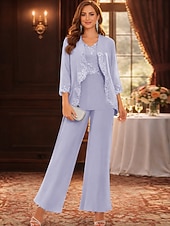cheap Mom's Pant Suits-Pantsuit Floor Length Mother of the Bride Dress Long Sleeve Scoop Neck Elegant Simple Wedding Guest with Solid Color