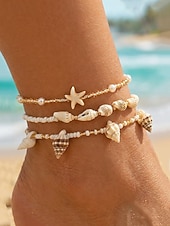 billiga Damarmband-dam bohemiskt snäcksjöstjärne fotlänk i 3 delar, stretchiga strandfotsmycken i snäckskalsharts för semester vid havet, sommarresor, vardagskläder