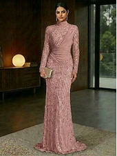 preiswerte Schlauch-Abendkleider-Schlauchkleid Bodenlang Abendkleid Festliche Kleidung Elegant Glitzernd Glitzern Langarm Hoher Ausschnitt Hochzeit Formell Spitze Stretch Satin mit Falten Perlenbestickt