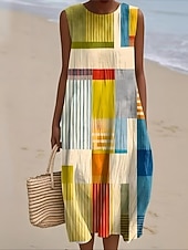 abordables Vestidos a Rayas y Geométricos-Mujer Vestido Midi Vestido de cambio Vestido de verano Vestido de una línea Vacaciones Casual Boho Playa Noche Holgado Graphic Geométrico Abstracto Sin Mangas Cuello Barco Amarillo Rosa Gris Verano