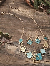 cheap Women's Necklace-Women's Bohemian Geometric Square Jewelry Set, Gold Alloy Enamel Necklace &amp; Drop Earrings, Colorful Modern Statement Accessories for Vacation, Travel and Daily Casual Wear