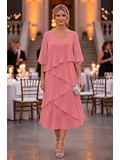 economico Lunghezza del tè-abito a tubino a colonna lunghezza tè abito da festa abito da cocktail abito da invitata a nozze abito da madre della sposa mezza manica scollo a U elegante formale chiffon con volant