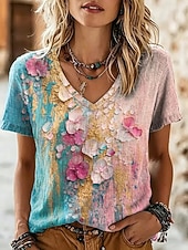 cheap Floral tee-Women's T Shirt Print Floral Graphic Stylish Classic Casual Short Sleeve V Neck Regular Tops Casual Daily Blue Pink Orange Summer Spring