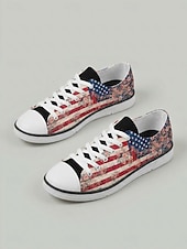  Damskie, vintage'owe, płócienne trampki z motywem amerykańskiej flagi – codzienne, sznurowane, patriotyczne buty do chodzenia z kwiatowym nadrukiem, idealne na Dzień Niepodległości i paradę &święto