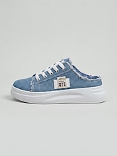 abordables Baskets femme-Mules compensées en denim bleu pour femme - chaussures à lacets à bords effilochés et semelle blanche, confortables et décontractées, idéales pour les voyages d'été et la marche. &amp;vêtements de tous