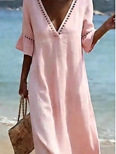 baratos Vestido Simples-Mulheres Vestido midi Vestidos Para o Verão Elegante Férias Manga Princesa Praia Ajuste Largo Côr Sólida Meia Manga Decote mergulhador Azul Claro Branco Champanhe Verde Claro Verão Primavera