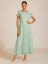  Mujer Vestido maxi Vestido de una línea Elegante Fiesta de Noche Acordonado Lentejuelas Ajuste regular Floral Manga Corta Cuello Barco Verde salvia