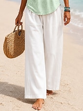  Women's Linen Pants Trousers Summer Pants Baggy Pants Vacation Basic Casual Full Length High Waist Plain Pocket Wide Leg Elastic Waistband Soft Comfortable Breathable Stretchy Beach Holiday Blue